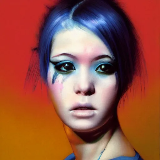 Prompt: A young woman with dyed hair hair looking disgusted away from the camera, Punk, Portrait by Noriyoshi Ohrai, rendered in octane, oil on canvas