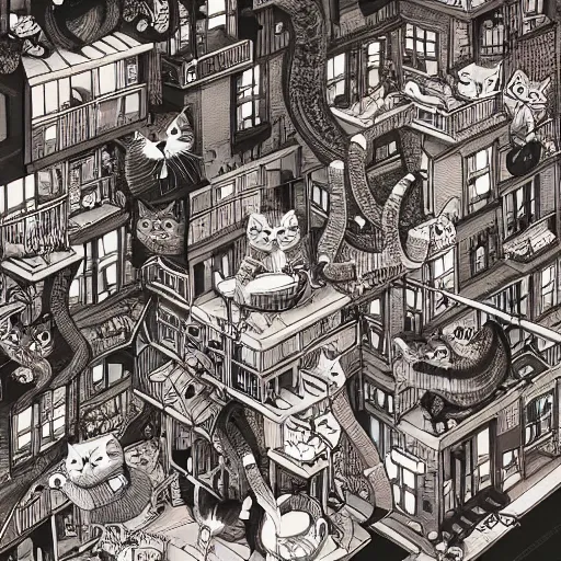 Image similar to crazy cat apartments, extremely detailed, sharp focus, wide view, full body shot, smooth, digital illustration, by james jean, by rossdraws, frank franzzeta, mcbess, sakimichan