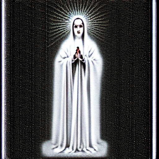 Image similar to vhs static overlay of marian apparition, vhs, 1 9 9 0, highly realistic, highly detailed, vhs noise static, black and white, vhs glitch