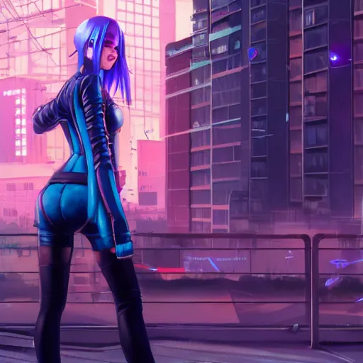 Image similar to hyper realistic photograph portrait of cyberpunk hot pretty girl with blue hair, wearing a full leather outfit, cyber implants, in city street at night, by makoto shinkai, ilya kuvshinov, lois van baarle, rossdraws, basquiat