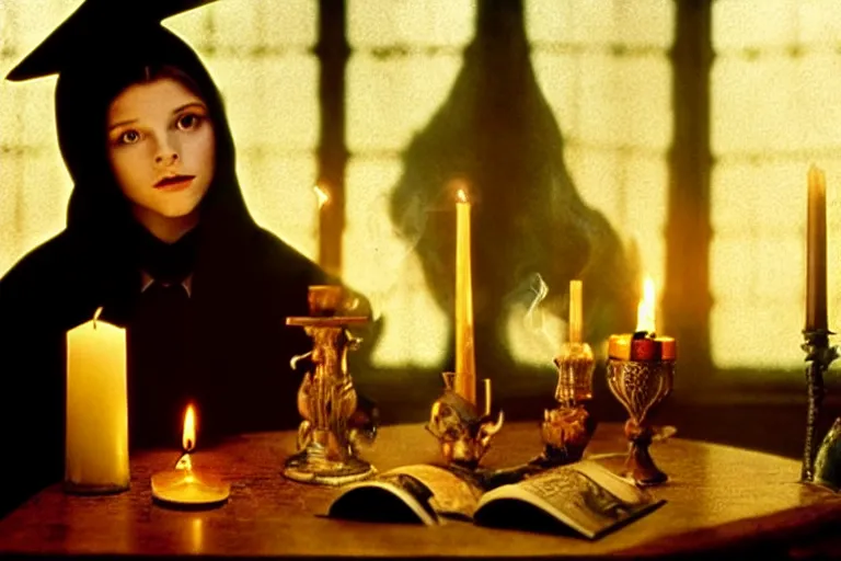 Prompt: 2 0 0 0's photo, close up portrait, dramatic lighting, concentration, calm confident teen witch and her cat, candles and tarot cards displayed on the table in front of her, incense smoke fills the air, a witch hat and cape, apothecary shelves in the background, still from harry potter, alphonse mucha