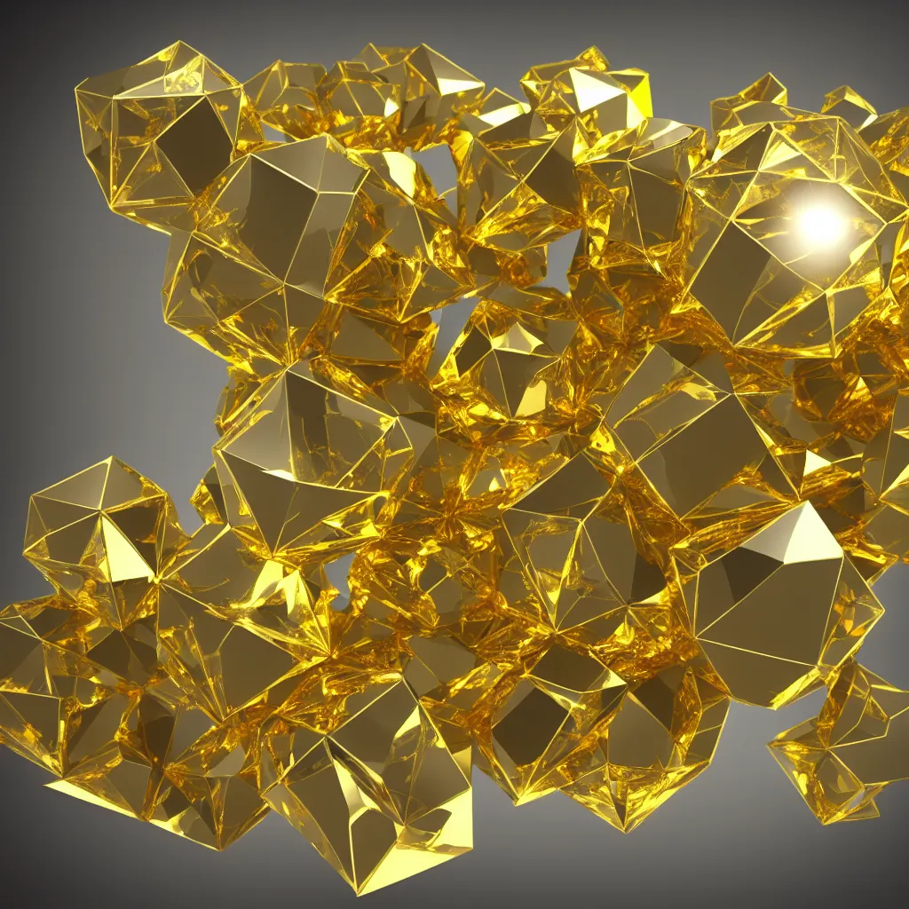 Prompt: 3 d render of gold cubic crystal, hyper realistic, cinematic, studio lighting, detailed