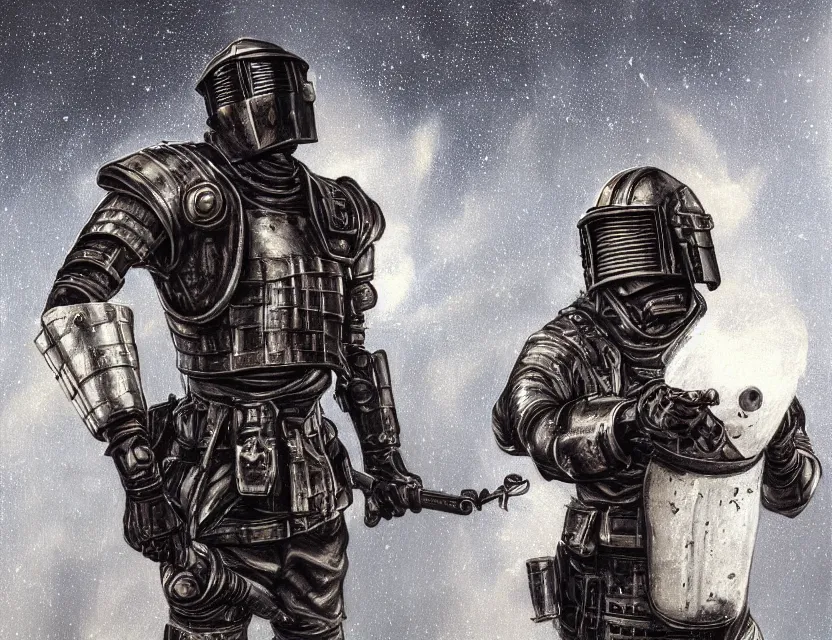 Image similar to a detailed portrait painting of a lone bounty hunter wearing combat armour and a reflective visor. Head and chest only. Dieselpunk elements. Movie scene, cinematic sci-fi scene. Flight suit, cloth and metal, accurate anatomy. Samurai influence, knight influence. fencing armour. portrait symmetrical and science fiction theme with lightning, aurora lighting. clouds and stars. Atmospheric. Clean design, smooth oil paint. Futurism by beksinski carl spitzweg moebius and tuomas korpi. baroque elements. baroque element. intricate artwork by caravaggio. Oil painting. Trending on artstation. 8k