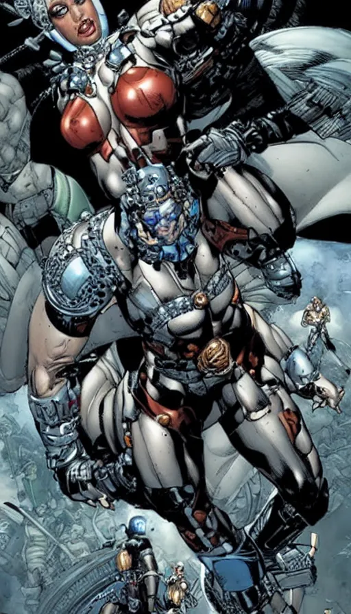 Prompt: a dream portrait of cyborg Valkyrie flying up art by Paul Dini, Travis Charest, Simon Bisley