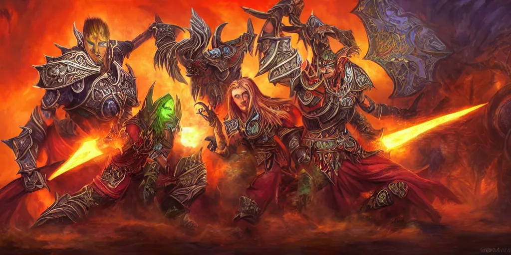 Prompt: a highly detailed digital painting of a blood elf battling an orc warlock, epic composition, world of warcraft