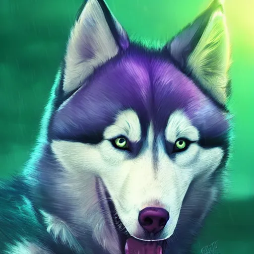 Image similar to aesthetic portrait commission of a furry anthro husky with epic neon rimmed outfit, short depth of field close up shot hyper-detailed, cinematic intense Atmosphere with heavy rain drenching husky. Character design by charlie bowater, ross tran, artgerm, and makoto shinkai, detailed, inked, western comic book art, 2021 award winning painting