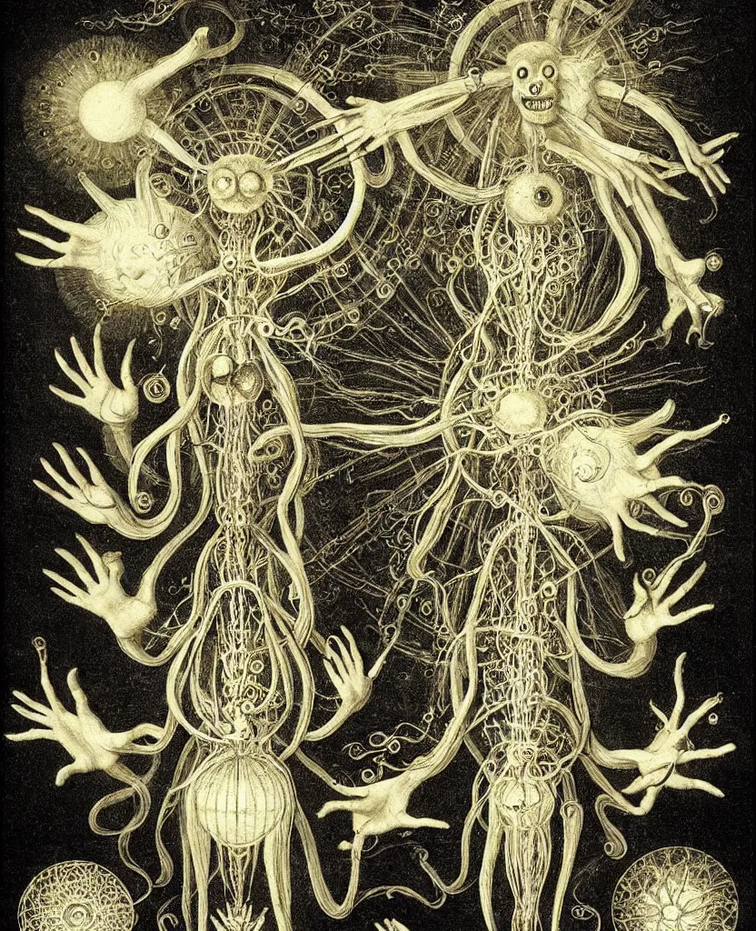 Image similar to whimsical freaky creature sings a unique canto about'as above so below'being ignited by the spirit of haeckel and robert fludd, breakthrough is iminent, glory be to the magic within