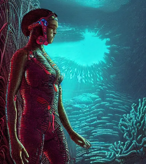 Image similar to a cyberpunk diver Polynesian woman swims through a dark bioluminescent alien coral reef, techwear, Industrial Scifi, detailed illustration, character portrait, by Martin Grip and Moebius