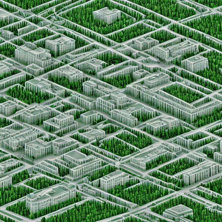 Image similar to One-point perspective in the center, soviet town, infinitely long soviet panel buildings. A perfect green lawn in the center of the frame. High detail, details, ultra realistic render, octane, 3D, photorealism, symmetric, cloudless-crear-sky, cinematic