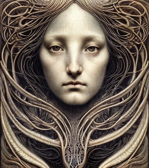 Prompt: detailed realistic beautiful night goddess face portrait by jean delville, gustave dore, iris van herpen and marco mazzoni, art forms of nature by ernst haeckel, art nouveau, symbolist, visionary, gothic, neo - gothic, pre - raphaelite, fractal lace, intricate alien botanicals, ai biodiversity, surreality, hyperdetailed ultrasharp octane render