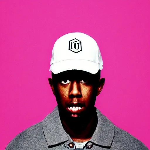 Prompt: greyscale magazine cutout of Tyler the Creator pasted on a pink background