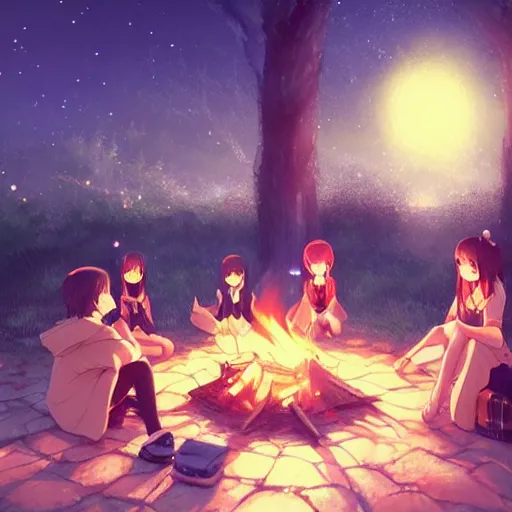 Prompt: very beautiful cute girls sitting around campfire at night, anime art, trending on artstation, pixiv, makoto shinkai, manga cover