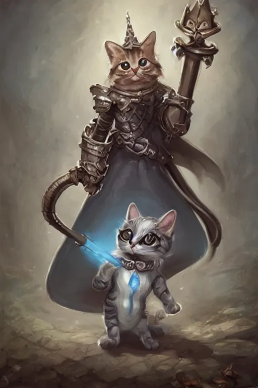 Image similar to cute little anthropomorphic cat knight wearing a cape and a crown, tiny, small, miniature cat , baby animal, short, pale blue armor, cute and adorable, pretty, beautiful, DnD character art portrait, matte fantasy painting, DeviantArt Artstation, by Jason Felix by Steve Argyle by Tyler Jacobson by Peter Mohrbacher, cinematic lighting