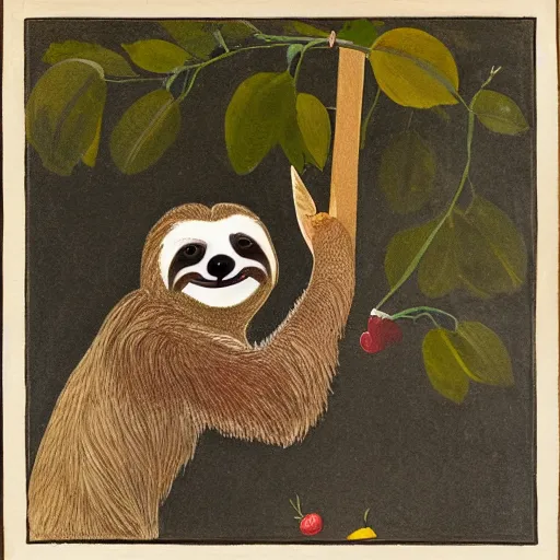 Prompt: a sloth having a panic attack near a lake while eating berries, in the style of Francis Bacon