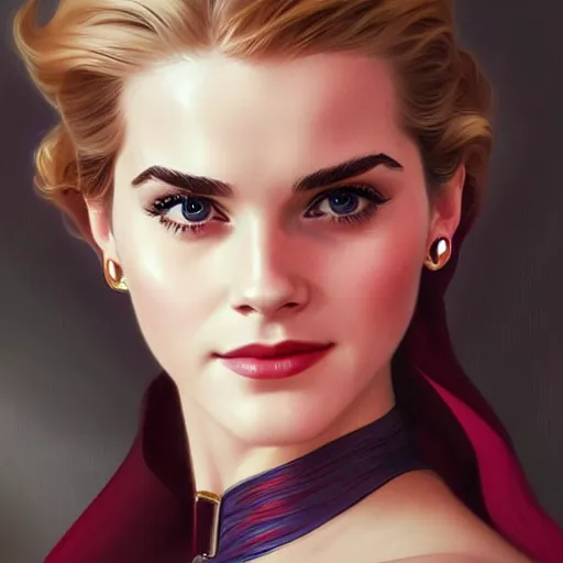 Image similar to A combination of Grace Kelly's and Emma Watson's and Katherine McNamara's faces as Super Girl, western, D&D, fantasy, intricate, elegant, highly detailed, digital painting, artstation, concept art, matte, sharp focus, illustration, art by Artgerm and Greg Rutkowski and Alphonse Mucha