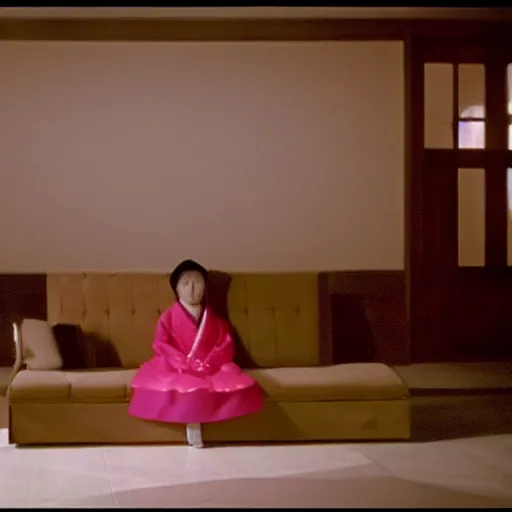 Image similar to woman in hanbok sitting on a couch, starfish monster's shadow is seen behind her, korean interior, cinematography by denis villeneuve and akira kurosawa and ishiro honda