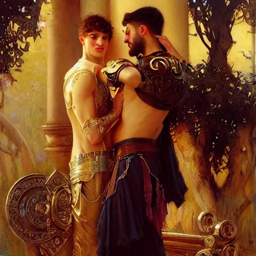 Image similar to attractive fully clothed king confesses his love for his attractive fully clothed male prince. highly detailed painting by gaston bussiere, tom bagshaw, j. c. leyendecker