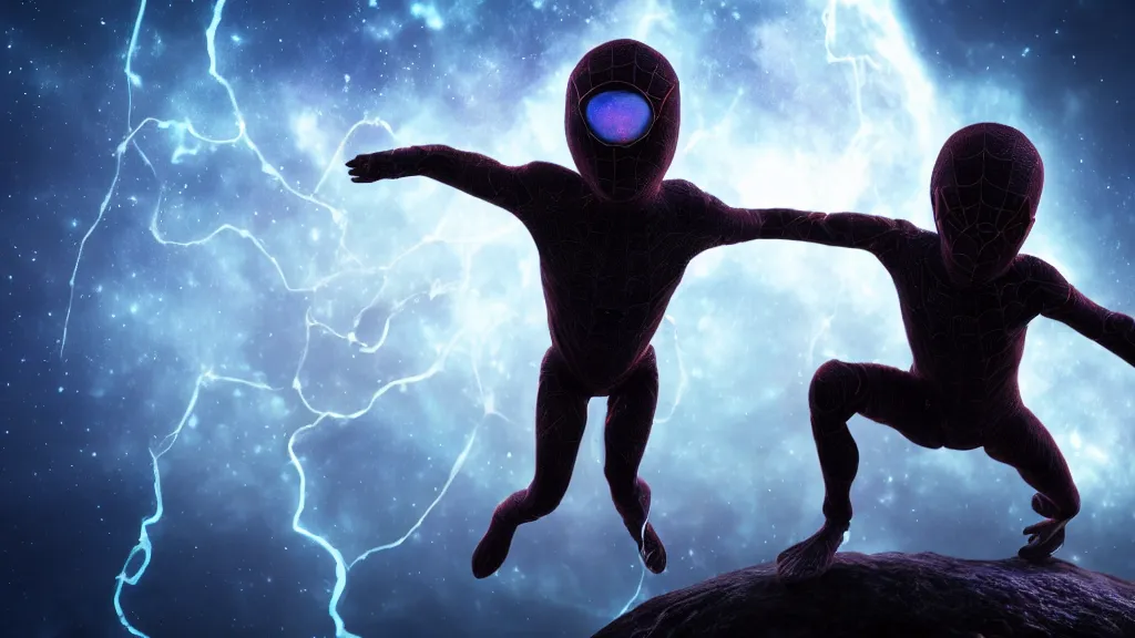 Image similar to spider human child hybrid on a planet. close bottom view. whole body. nebula background. cinematic composition. cinematic lightning. ultra realistic. 8 k. highly detailled. deep space. ultra realistic details. cinematic atmosphere. studio lighting. shadows. dark background.