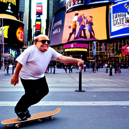 Image similar to photograph of danny devito skateboarding in times square, detailed face