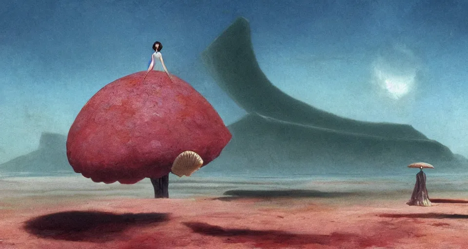 Prompt: a deserted island, giant seashell stands in the middle, surrounded by coral, a girl standing below, concept art by roger dean and john harris, atmospheric