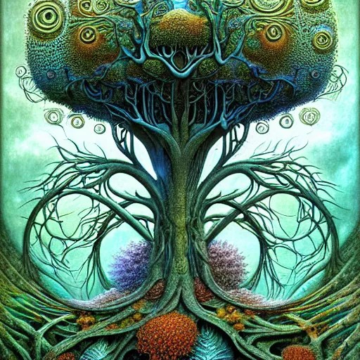 Image similar to tree of life by roger dean and andrew ferez, art forms of nature by ernst haeckel, divine chaos engine, symbolist, visionary, art nouveau, botanical fractal structures, organic, detailed, realistic, surreality