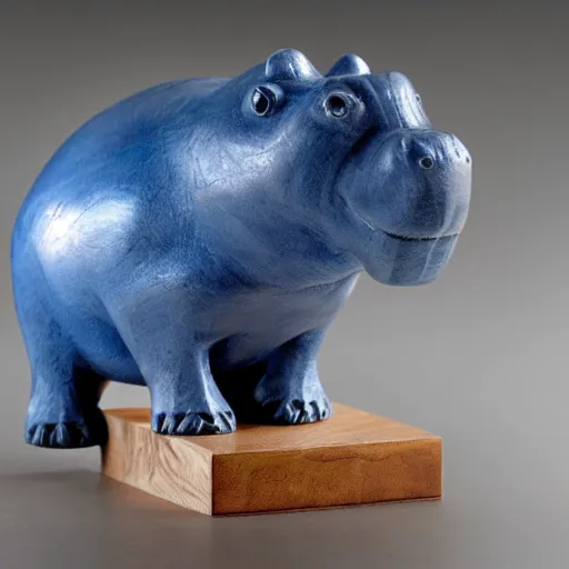 Prompt: a small simple hippo statue carved natural wood, dipped in polished blue ceramic, half and half, mixed media, side view