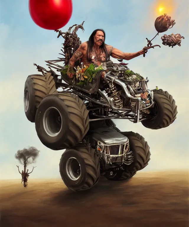 Image similar to danny trejo, cinematic, driving monster truck grave digger, holding a balloon elegant, highly detailed, digital painting, artstation, smooth, hard focus, illustration, art by jessica rossier and and brian froud