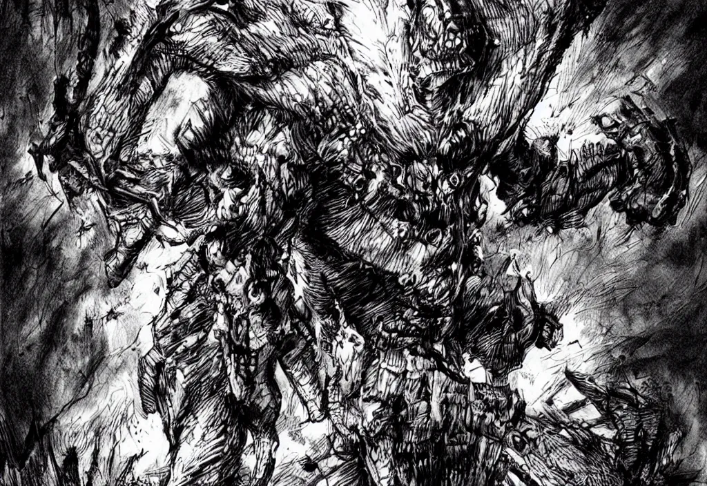 Prompt: guts from berserk fighting in hell raiser made by Kim Jung Gi
