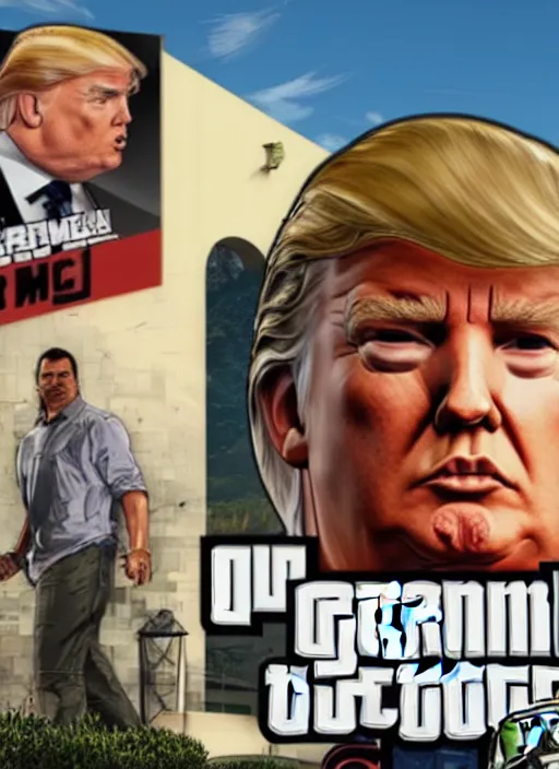 Image similar to gta 5 game poster showing donald trump with cardboard box outside mar - a - lago, wide shot, lego,