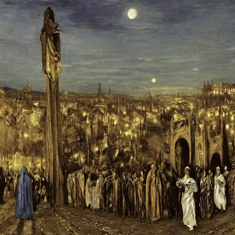 Image similar to A Holy Week procession of souls in a Spanish landscape at night. A figure at the front holds a cross. El Greco, John Atkinson Grimshaw. Blue tint.