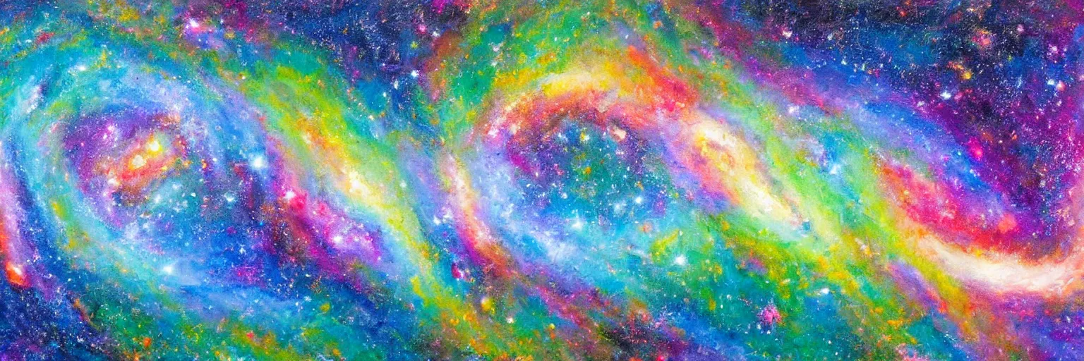 Image similar to an oil painting of hyper realistic galaxy colliding, colourful