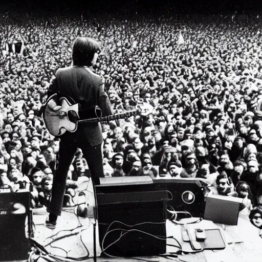 Image similar to john lennon playing a red gutair on stage while thousands of fans cheer, hd, epic, wide angle shot
