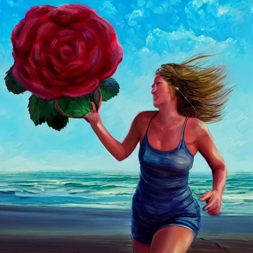 Image similar to portrait, giant rose flower head, woman running at the beach, surreal photography, sunrise, blue sky, dramatic light, impressionist painting, digital painting, artstation, simon stalenhag