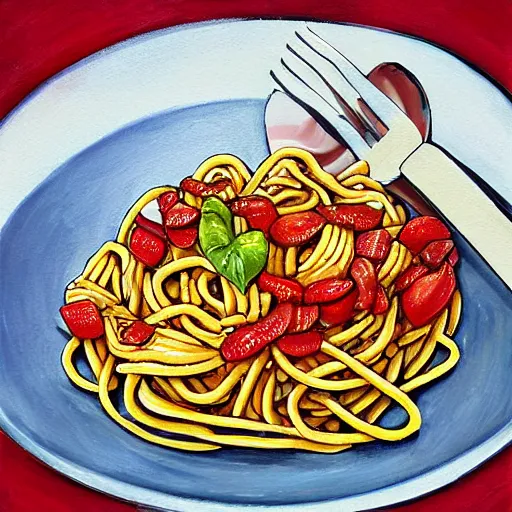 Prompt: an spaguetti eating forks, digital art