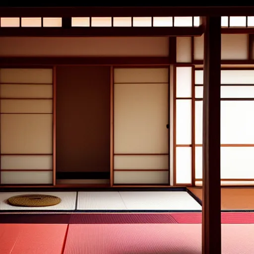Prompt: photo of a traditional Japanese house with tatami floors and shoji paper doors, cinematic, high detail, beautiful,