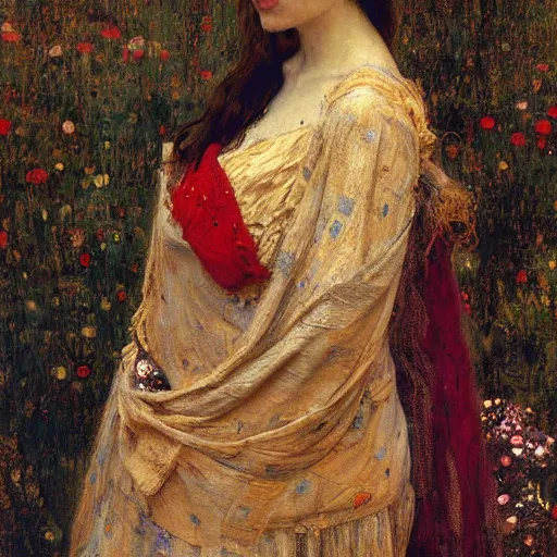 Image similar to Richard Schmid and Jeremy Lipking and Gustav Klimt portrait painting of a young beautiful woman priestess victorian orientalist in elaborate costume