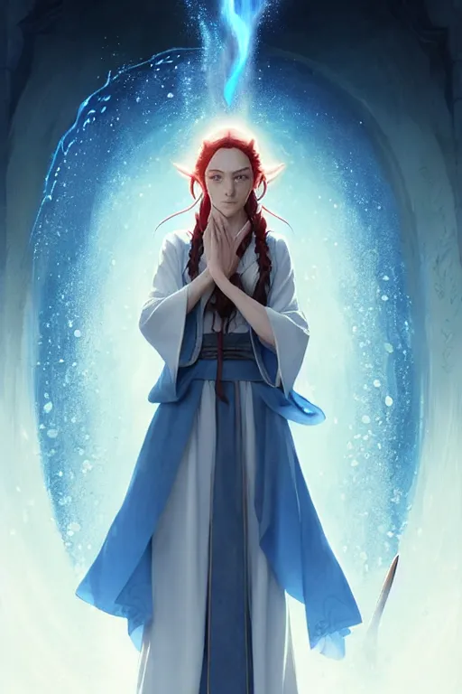 Image similar to elvish female sorcerer doing water magic spells, blue robes, red hair, finely detailed perfect face, exquisite details, mid view, design on a white background, by studio muti, greg rutkowski makoto shinkai takashi takeuchi studio ghibli