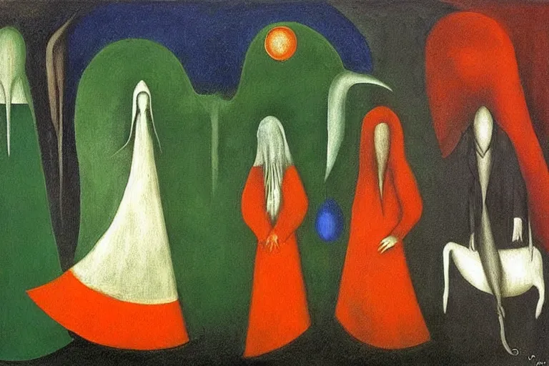 Image similar to born under a bad sign, good luck and trouble are my only friends, colors orange, white!!, dark green, dark blue, abstract oil painting by leonora carrington, by max ernst