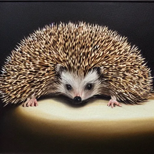 Image similar to hedgehog melting in the heat with a fan pointing at the hedgehog, oil on canvas, detailed, art