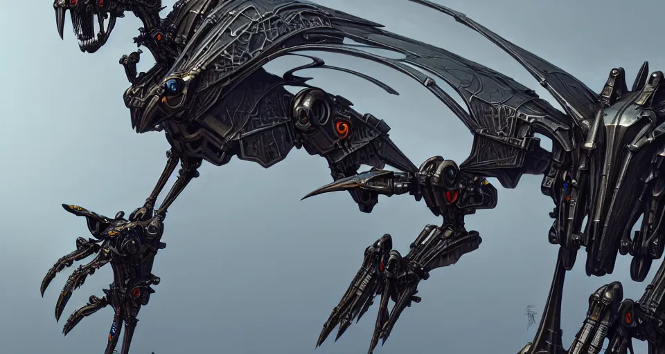 Image similar to flying pterodactyl in a winged cyborg mech suit, by alexandre ferra, zezhou chen, peter gric, mohamed reda and hr giger, hyper detailed line art, screen print, character concept art, realistic, coherent, octane render, zbrush central, behance hd, hypermaximalist