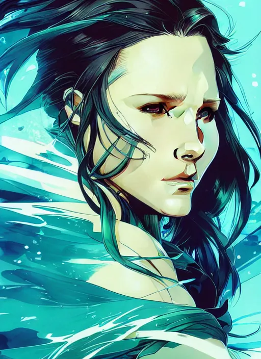 Image similar to style of yoji shinkawa, artgerm, joshua middleton, beautiful kristen bell with green dress, very long blue hair, water powers water swirling, symmetrical face, symmetrical eyes, detailed, beach setting, cinematic lighting