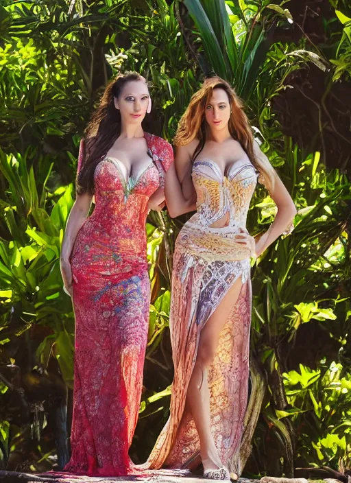 Image similar to portrait of jordan carver and gal gadot wearing kebaya in bali, by charlotte grimm, natural light, detailed face, beautiful features, symmetrical, canon eos c 3 0 0, ƒ 1. 8, 3 5 mm, 8 k, medium - format print,