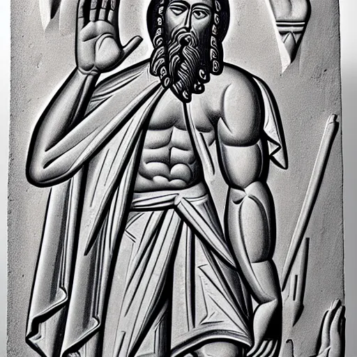 Image similar to muscular gigachad benediction, gigachad jesus, pointing to heaven with two fingers, stone relief, holy iconography, grayscale