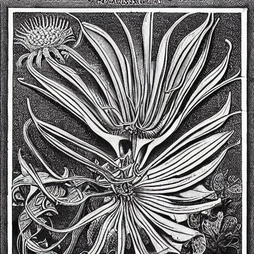 Image similar to technicolor venus flytrap, by Ernst Haeckel, by M.C. Escher, beautiful, eerie, surreal, colorful