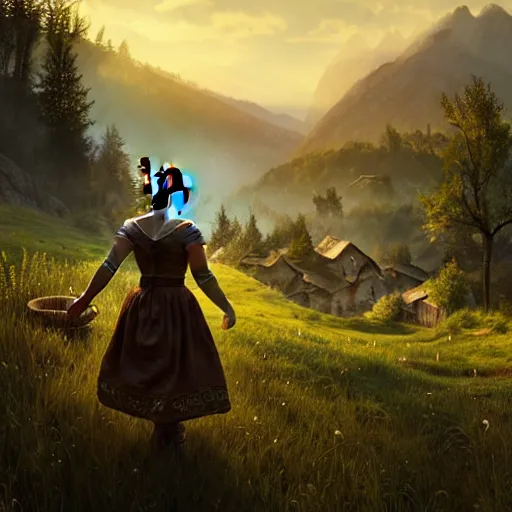 Image similar to the elder scrolls vi, small farmhouse, village girl in dirndl, mountainous sloping meadow and slightly forested background, atmospheric lighting, painted, intricate, volumetric lighting, beautiful, rich deep colors masterpiece, sharp focus, ultra detailed by leesha hannigan, ross tran, thierry doizon, kai carpenter, ignacio fernandez rios