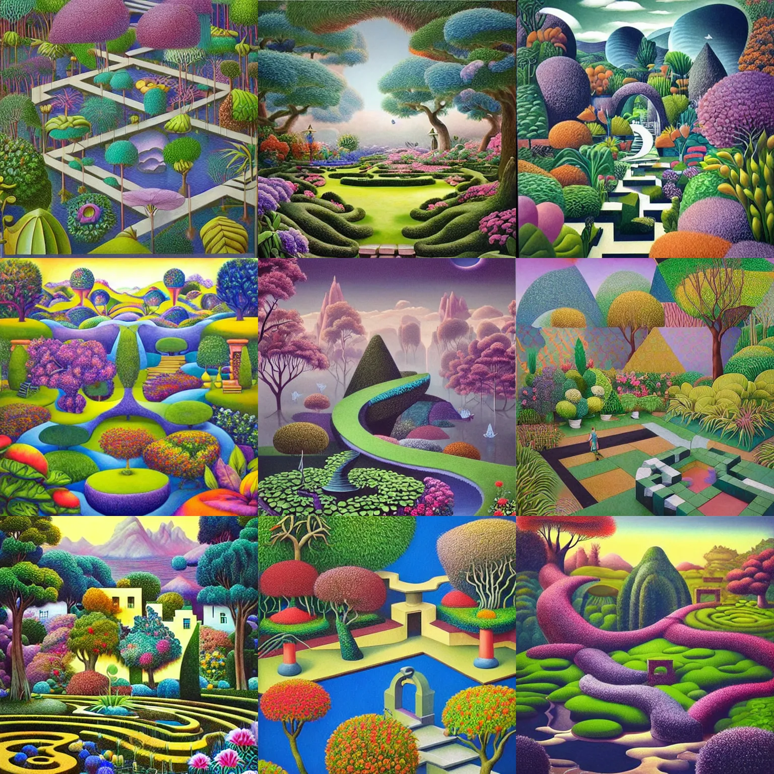 Prompt: a gorgeous, fantastic, magic garden landscape by michael kidd, mc escher, trending on artstation, artgerm, acrylic on canvas, muted color tones, darker,!! low contrast!!, chillwave, futuresynth