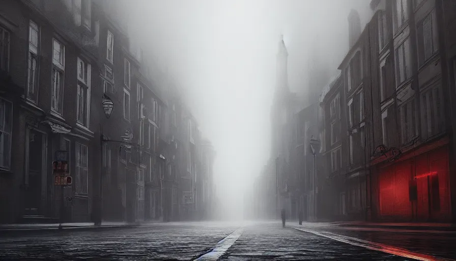 Image similar to empty streets of neo - gothic london, wet streets, fog, cold, hyperdetailed, artstation, cgsociety, 8 k