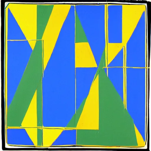 Prompt: painting, rectangle and triangle shapes, in blue, in yellow, in green, divided by black lines