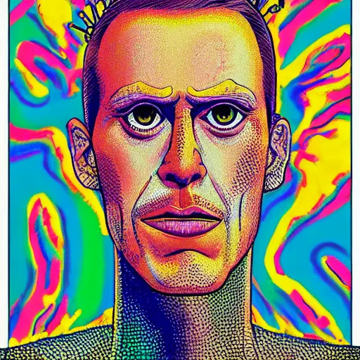 Prompt: a portrait of a beautiful psycho king in a holographic room, in the style of daniel clowes