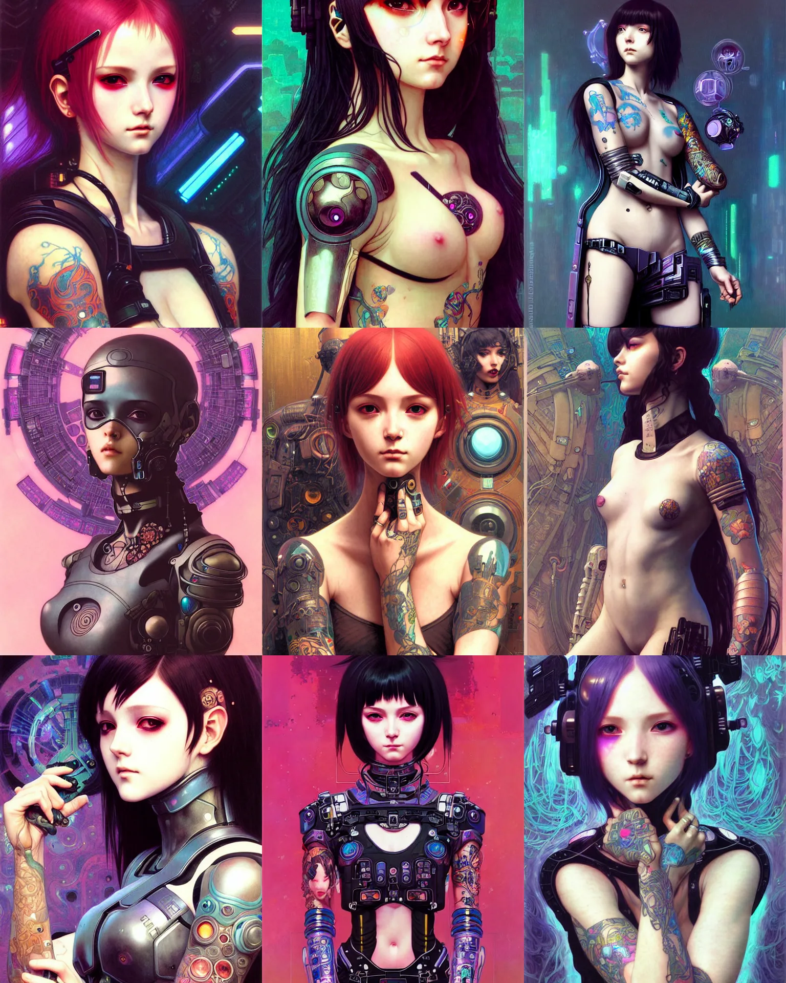 Prompt: portrait of beautiful cute cyberpunk punk girl in tattoos in futuristic armor, high details, art by ( ( ( kuvshinov ilya ) ) ) and wayne barlowe and gustav klimt and artgerm and wlop and william - adolphe bouguereau